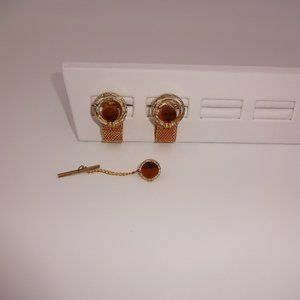 3 Pc Set Vintage Mens Cufflinks Cuff Links & Tie Pin Gold Tone Wrap Around Mesh